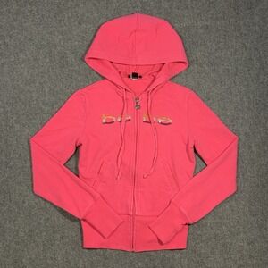 Bebe Hoodie Womens XS Pink Y2K Rhinestone Full Zip Sweatshirt Baby Tee Slim Logo